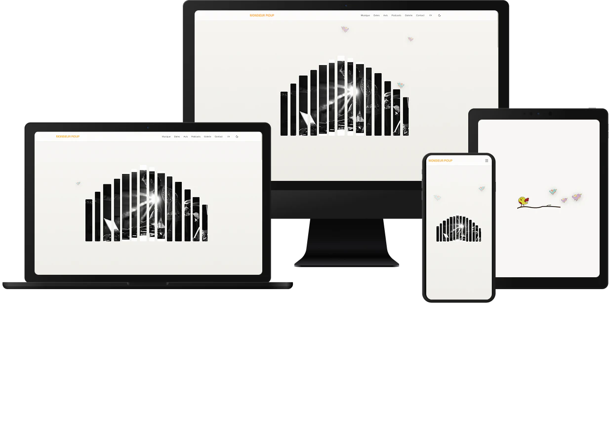 Aperçu du site Monsieur Pioup sur iMac, MacBook, iPad et iPhone